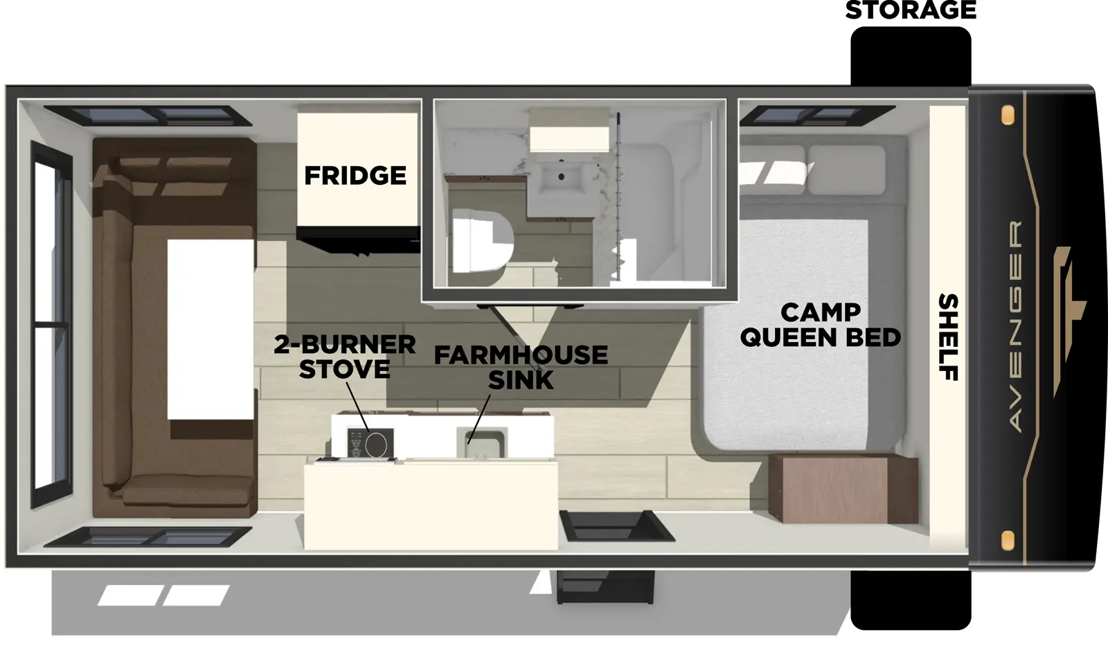 The Avenger 16RD - DSO floorplan has one entry and zero slide outs. Exterior features include: metal exterior and 10' awning. Interiors features include: u-dinette and front bedroom.